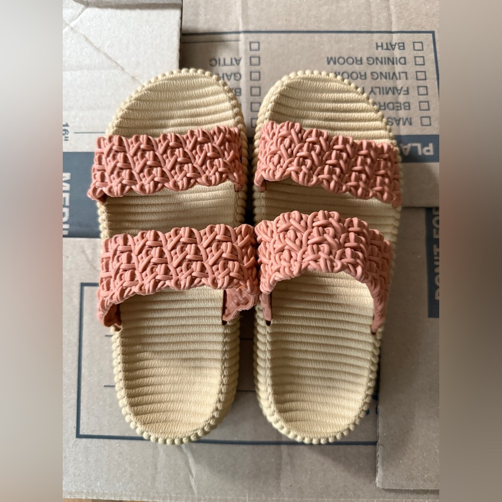 Coral and Beige Woven Slide Sandals